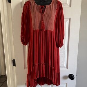 Women’s Red Mini Dress with Smocked Yoke